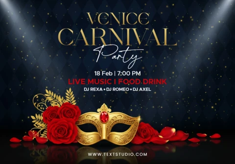 Póster de fiesta de carnaval de Venecia máscara de gala dorada con rosas rojas y pétalos sobre fondo de diamante