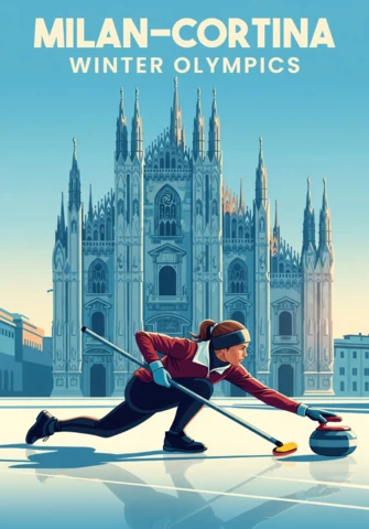 Póster de los Juegos Olímpicos de Invierno 2026, atleta de curling y catedral de Milán en una composición cultural deportiva.