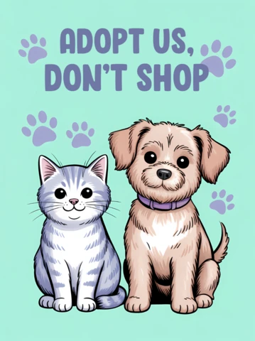Adóptanos, no compres, plantilla de diseño para carteles de adopción de mascotas.