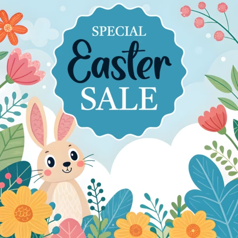 Plantilla de diseño de venta de Pascua caprichosa con lindo conejito y elementos florales