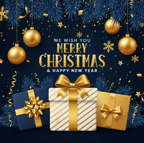 ラッピングされたギフト、金色のリボン、エレガントな季節の装飾が施されたお祝いのクリスマスカード
