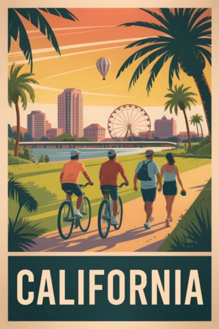 カリフォルニアのヴィンテージ旅行ポスターデザインテンプレート、風光明媚な風景とアウトドアアクティビティを含む