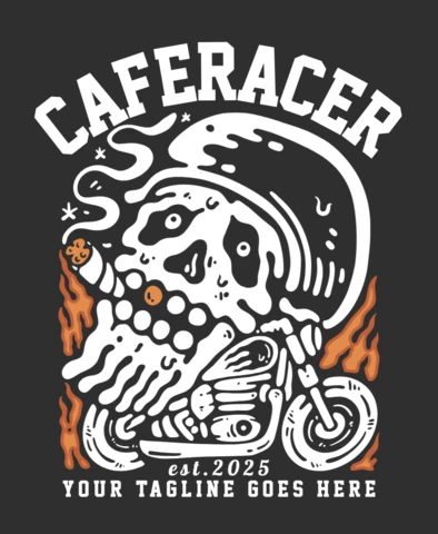 Cafe Racer con calavera fumando en la plantilla de diseño de camiseta de moto.