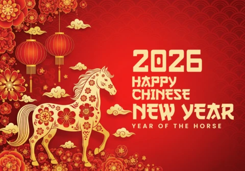 Plakat na chiński nowy rok 2026 rok konia z złotym koniem i kwiatami wiśni.