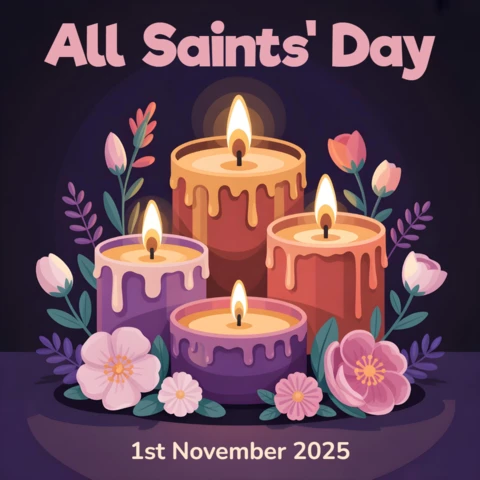 Flames of Grace All Saints’ Day Candle Cluster with Blossoms & Leaves Greeting Card Design Template