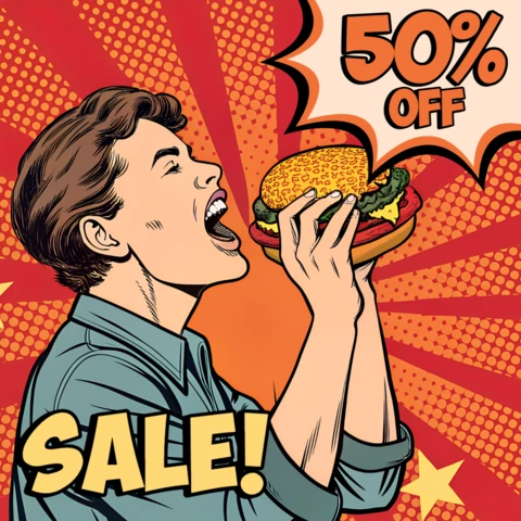 Template de venda de hambúrguer em pop art para panfletos promocionais