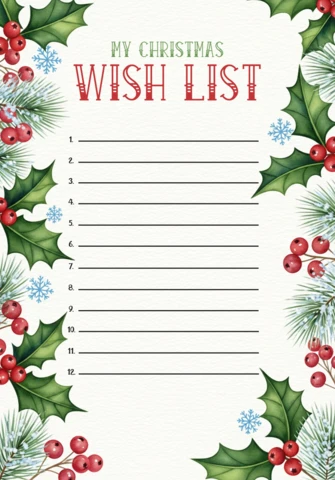 Christmas Stationery Wish List Template with Decorative Border and Festive Icons for Kids and Families