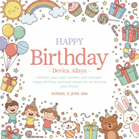 Cartaz de saudação de aniversário feliz para festa de aniversário infantil com balões, arco-íris, cupcakes e sinceros desejos de aniversário.