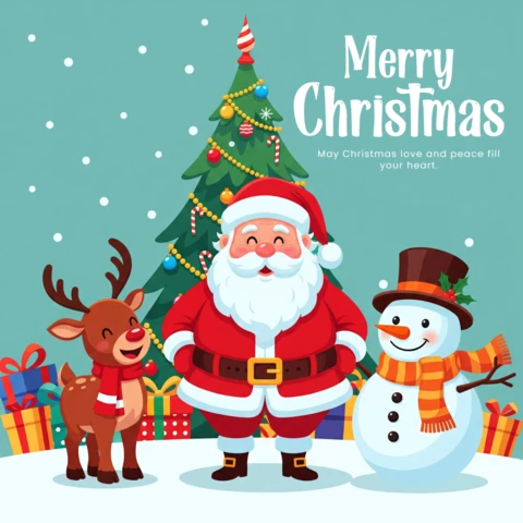 Weihnachtskarte Plakatdesign Vorlage mit Santa, Rentieren und Schneemann in einer verschneiten Szene mit Baum und friedlichen Wünschen.