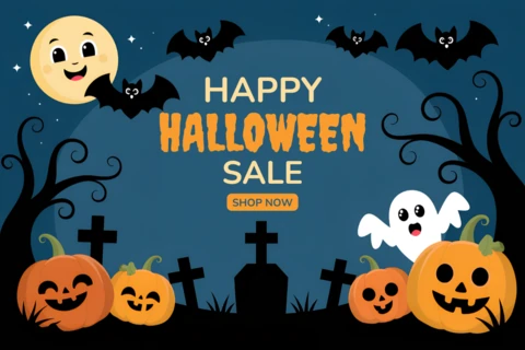 Halloween Themed Design Template for Spooky Sale Promotions Featuring Pumpkins and Ghosts
