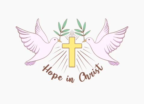 Esperança em Cristo, pombas da paz e design de logotipo cristão da cruz radiante.