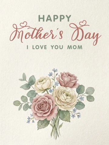 Decorative Watercolor Rose and Blue Flower Mother’s Day Greeting Card Featuring Soft Pastel Artwork and Elegant Typography