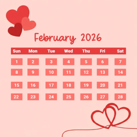 Poster del calendario di febbraio 2026 design per San Valentino con quadrati rossi, sfondo rosa e accenti a forma di cuore.