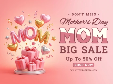 Mother’s Day Big Sale Poster — Festive Pink Background with Heart Balloons and Gift Boxes