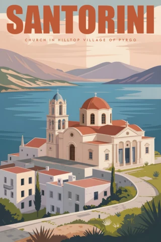 Pyrgo köyündeki tepe kilisesi, kırmızı kubbe ve gün batımı manzarası, Santorini seyahat posterleri tasarım şablonu.