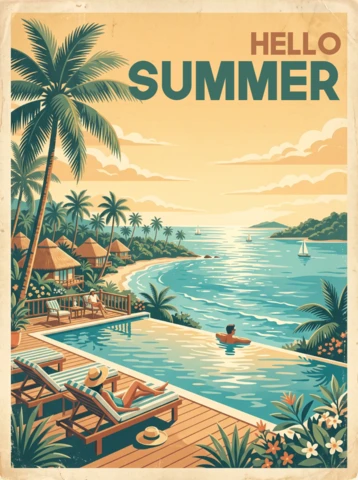 Vintage Summer Holiday Poster with Palm Trees, Infinity Pool, Thatched Huts, Sailboats and Warm Yellow Orange Sunset Sky