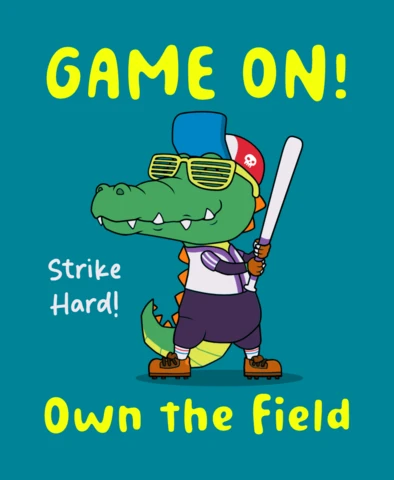 Baseball Croco Cartoon Design For Funny Kids Apparel Template