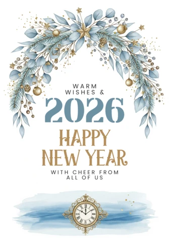 Aquarell Frohes neues Jahr 2026 Karte blau-goldenes Laub, Vintage-Uhr und Feiersterne