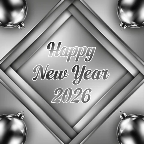 Elegant New Year 2026 Greeting Card Template with Silver Ornaments Design