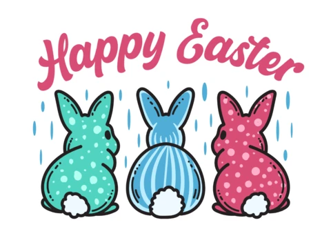 Felice Pasqua con vista posteriore di un trio di coniglietti verdi, blu e rosa - template per design di t-shirt.