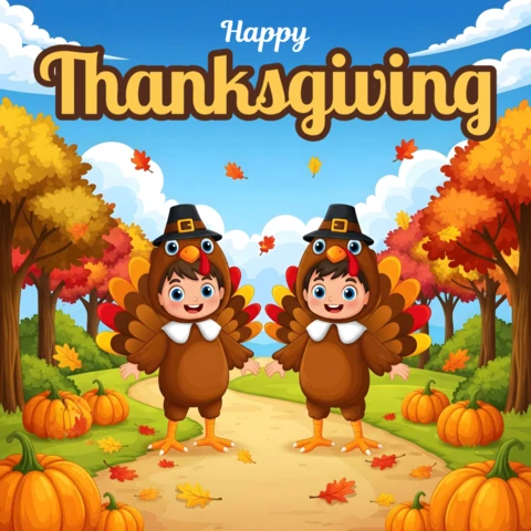 Thanksgiving Card Autumn Path Celebration with Kids in Turkey Outfits & Pumpkin Accents Banner Design Template