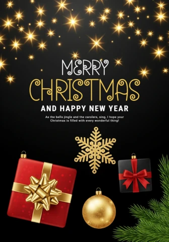 Merry Christmas & Happy New Year Card Black Background with Golden Snowflakes and Baubles