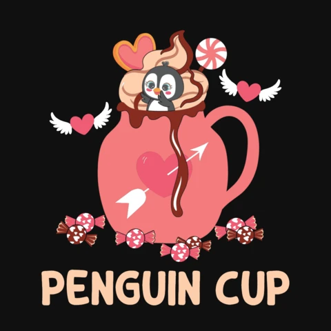 Modèle de t-shirt de Saint-Valentin avec un pingouin dans un bocal à bonbons