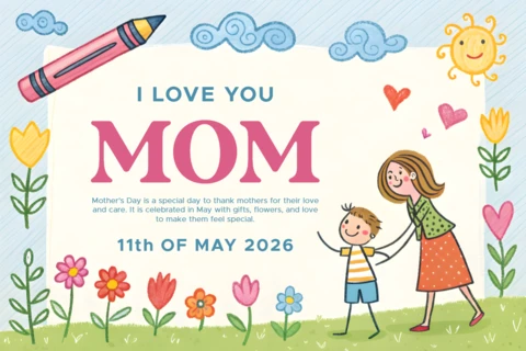 Colorful Mother's Day Card Design Template for Kids: 'I Love You Mom'