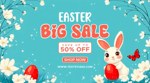 Plantilla de diseño de venta de Pascua con simpático conejito y elementos florales