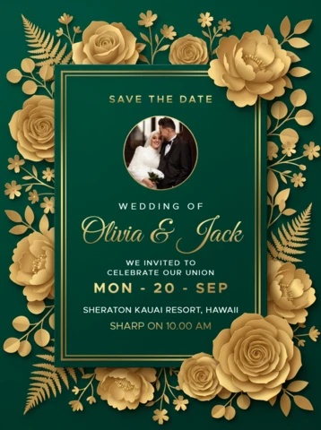 Luxury Gold Floral Wedding Invitation Card Template with Elegant Rose Frame and Botanical Decorations
