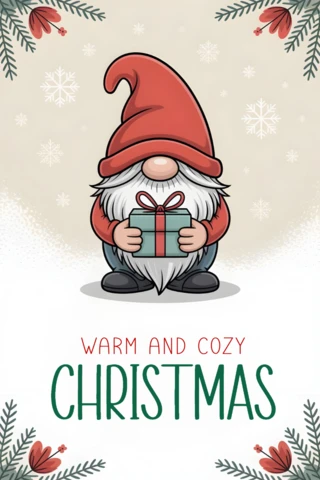 Christmas Card Design Whimsical Gnome Holding Gift with Pine and Floral Accents On Beige Background