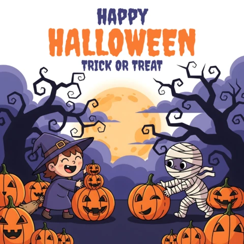 Noche espeluznante de Halloween con calabazas talladas, murciélagos voladores y plantilla de diseño de dúo de disfraces para volantes festivos.