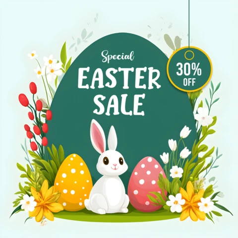Plantilla de diseño de venta de Pascua de temática primaveral con un simpático conejito y elementos florales