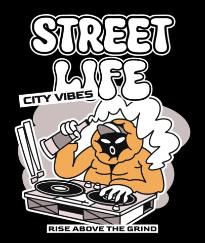 Design de t-shirt avec des vibrations de DJ de la vie urbaine, art de platine avec un personnage masqué.