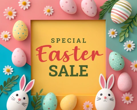 Colorida plantilla de diseño de venta de Pascua con divertidos gráficos de conejitos y huevos