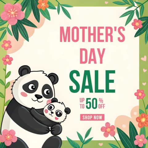 Adorable Panda Mother's Day Sale Template Design - Editable Floral Theme