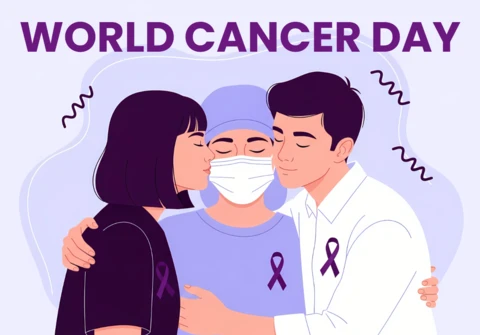 Plantilla de concienciación del día mundial del cáncer con diseño de personajes solidarios para carteles