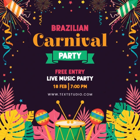 Dark Purple Background with Fireworks, Confetti, Streamers, Maracas, Drum & Tropical Leaves Brazilian Carnival Party Poster