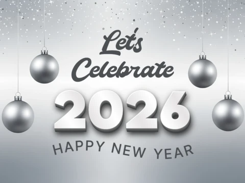 New Year Celebration Design Template with Silver Ornaments for Greeting Cards