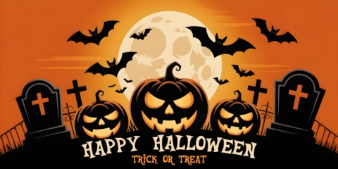 Straszna noc Halloween, ogrodzenie z kutego żelaza, nagrobki i szablon projektu okładki na YouTube z powitaniem "cukierek albo psikus"