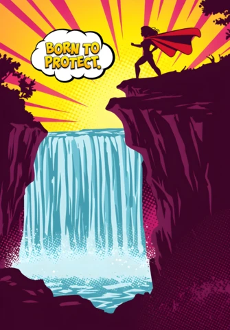 Nacido para proteger silueta de superhéroe sobre cascada con diseño de cartel de cielo radiante.