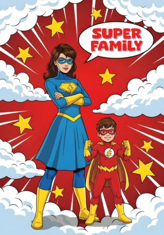 Plakatowy szablon projektu z komiksowym bohaterem i dzieckiem superbohaterem z dymkiem „super rodzina”
