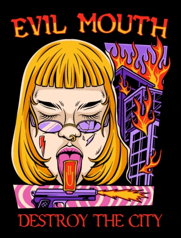 Bold Graphic T-Shirt Design Template Featuring Evil Mouth and Urban Destruction