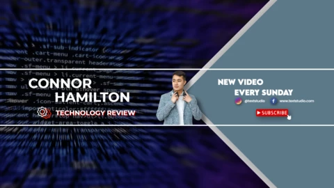 Banner do YouTube sobre tecnologia moderna em azul e branco