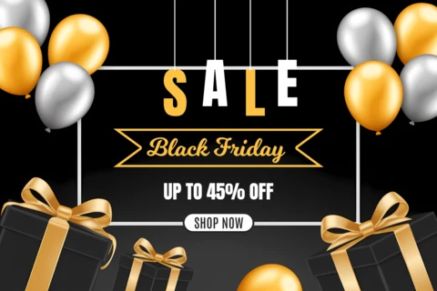 Black Friday Sale Design Template with Balloons and Gift Boxes for Promotional Flyers