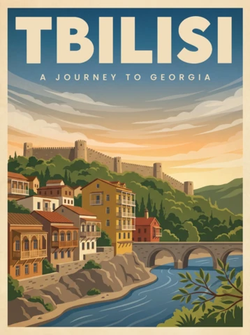 Tbilisi Retro Vintage Tourism Poster A Journey to Georgia Scenic Fortress Hilltop River Valley Sunset Adventure Artwork