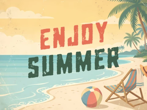 Retro zomervakantie wenskaart met kuststrandlandschap en ontspannen vakantie thema