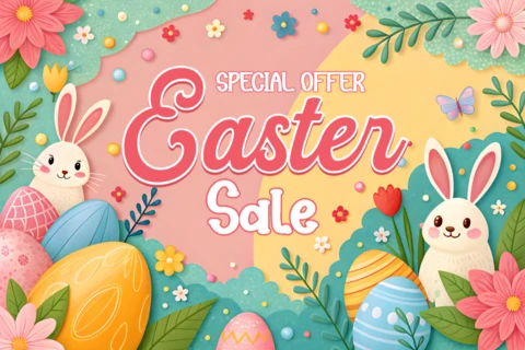 Whimsical Easter Sale Design Template with Cute Bunnies and Colorful Eggs
