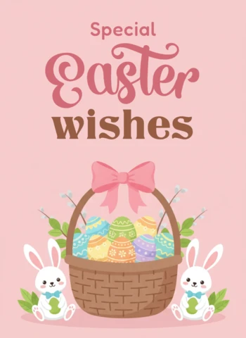 Tarjeta de deseos especiales de Pascua con pareja de conejitos, cesta de huevos coloridos, lazo rosa y fondo de primavera en tonos pastel.