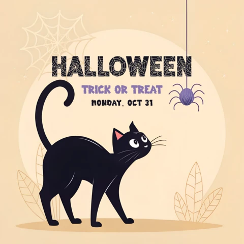 Design de gato preto de Halloween para convite de eventos fofos e assustadores.